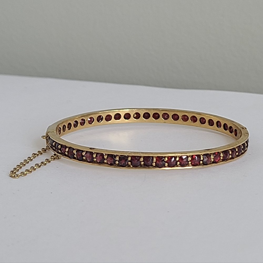 Antique Victorian Tombac Gold Tone Bohemian Garnet Hinged Bangle Bracelet
